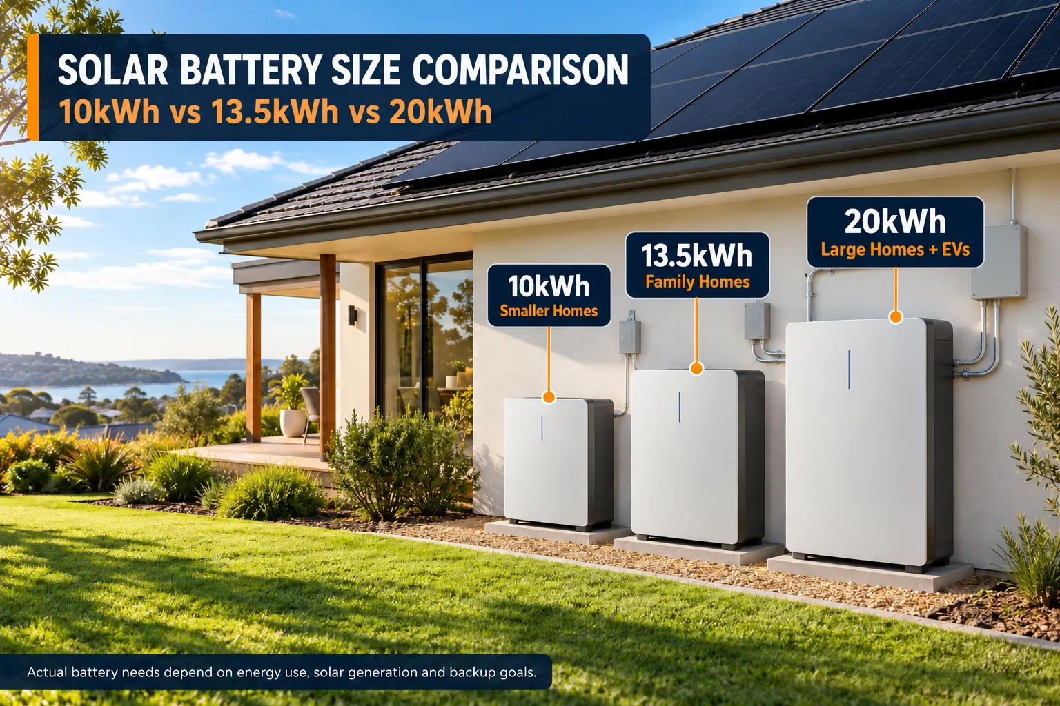 Comparison of 10kWh, 13.5kWh and 20kWh solar batteries installed at an Australian home with rooftop solar panels.