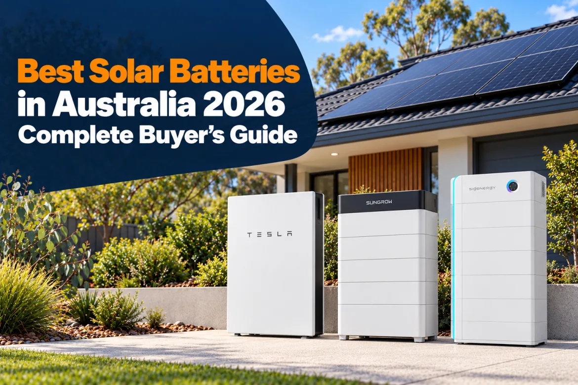 Comparison of the best solar batteries available in Australia in 2026 beside a modern Australian home with rooftop solar panels