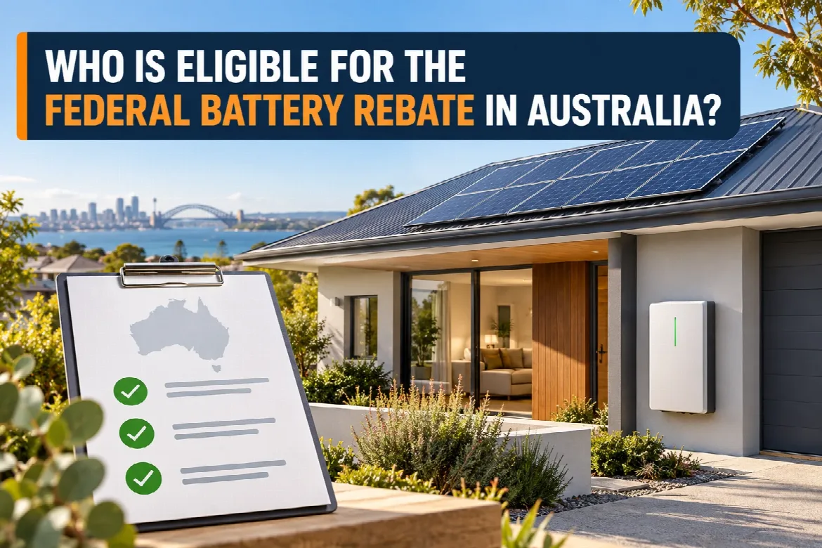 Australian homeowner checking federal solar battery rebate eligibility for a home with rooftop solar panels and battery storage.