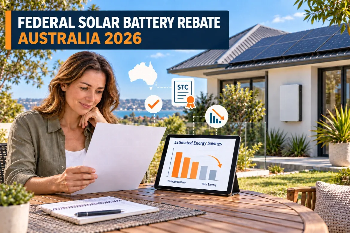 A woman reading a solar quote at an outdoor table beside an Australian home with rooftop solar panels and wall-mounted battery storage, under the heading Federal Solar Battery Rebate Australia 2026.