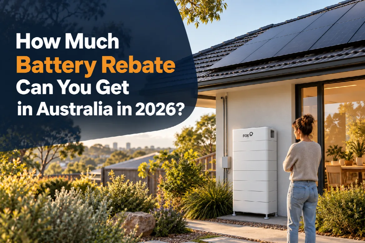 Australian home with rooftop solar and battery storage showing estimated federal battery rebate savings for 2026.