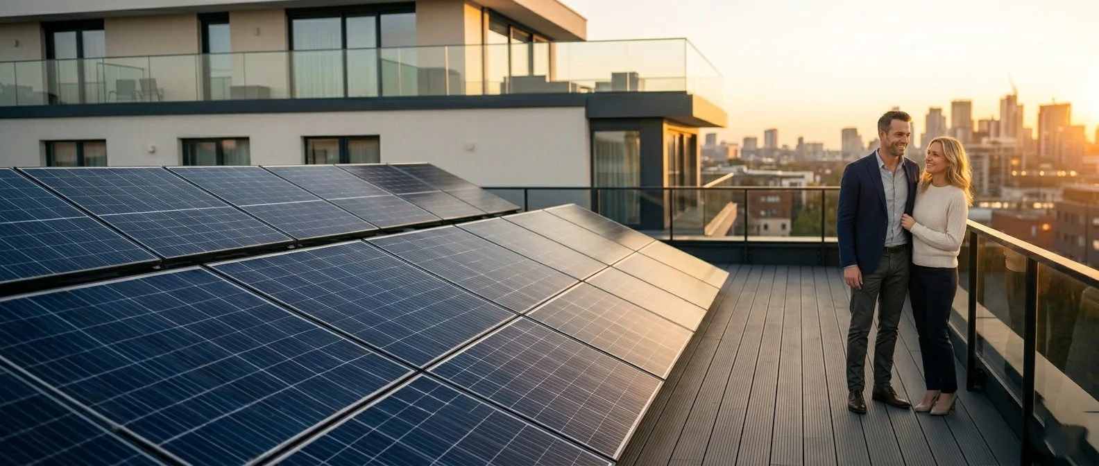 Couple smiling near solar panels at sunset